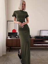 Women's Elegant O Neck Maxi Dress Short Sleeve Slim High Waist Dress Sexy Side Slit Evening Club Bodycon Dress Lady